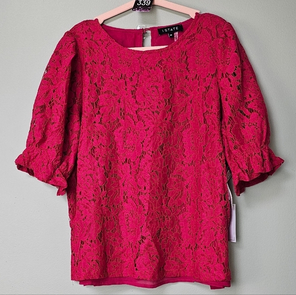 1.State Women's Lace Ruffle Puff Sleeve Top Wineberry Red Pink Floral Size MED - Picture 3 of 8